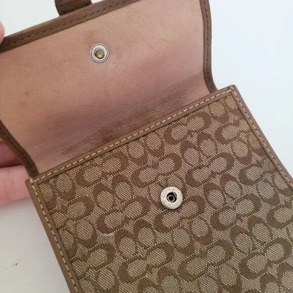 Coach Wallet Canvas Leather Signature Bifold 4x4 Small Brown Compact Logo Buckle - Picture 7 of 10